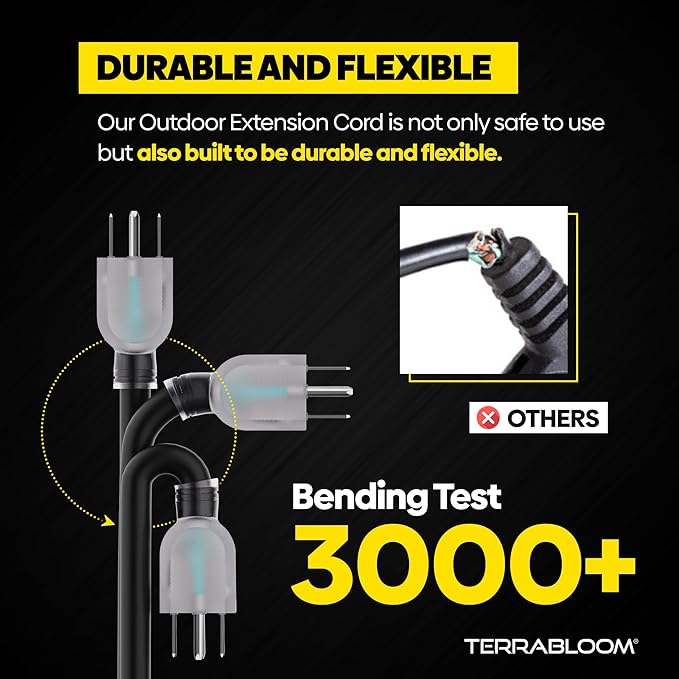 TerraBloom 12/3 Heavy Duty Extension Cord 50 FT Outdoor - Black Outdoor Extension Cord Multiple Outlet - Ultra-Flexible SJEOW Rubber, Light Indicator, Triple Outlet for Maximum Efficiency - 15 Amp