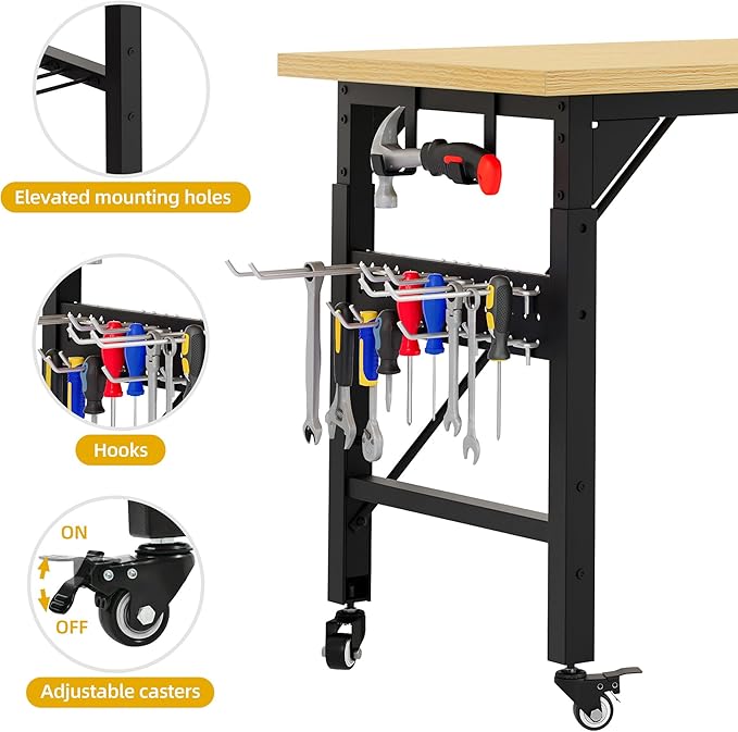 DWVO 60" Adjustable Workbench on Wheels, Garage Tool Work Bench with Outlets & Wheels, Heavy-Duty 1600 LBS Load Capacity Work Table for Workshop, Office, Home, or Outdoor Use