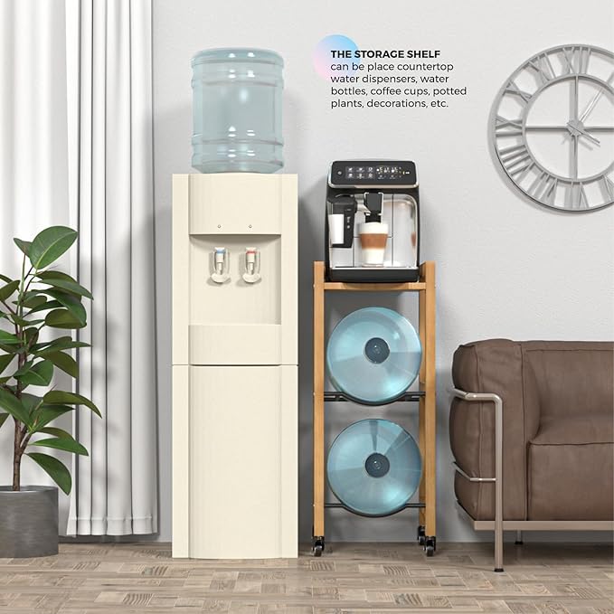 3-Tier 5 Gallon Water Jug Holder with Top Shelf – 4 Metal Wheels or Adjustable Feet – Natural Hardwood Water Dispenser Floor Stand – Wooden Organizer for Kitchen, Office, Garage – Space-Saving Design
