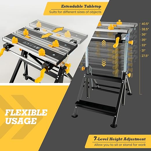 Portable Workbench, Folding Work Bench and Vise with 2 Rotary Handles, 7-Level Adjustable Height, 8 Sliding Clamps, Tiltable & Extendable Tabletop, Workbench Table for Garage, Workshop
