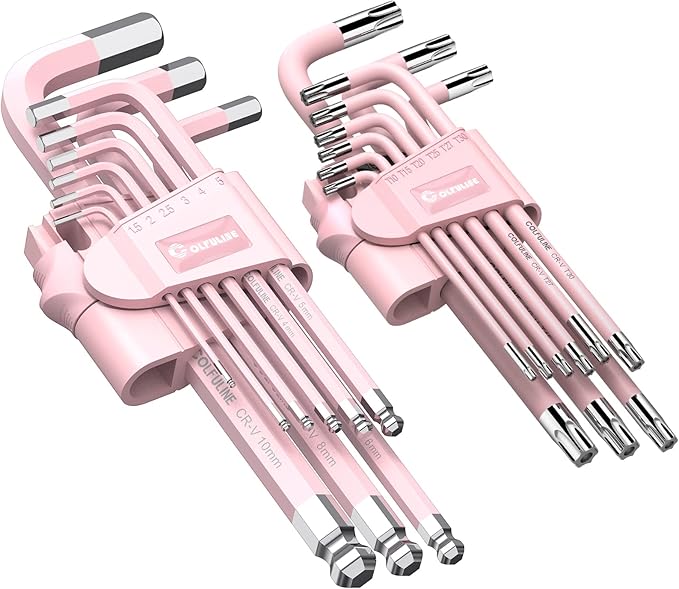 COLFULINE 18PCS PINK Allen Wrench Set, Metric Ball End Allen Key & Torx Key Set, Cr-V Star Hex Key Set for Women, Size T10-T50 & 1.5-10mm with Size-marked for Best Gifts and Home Repair