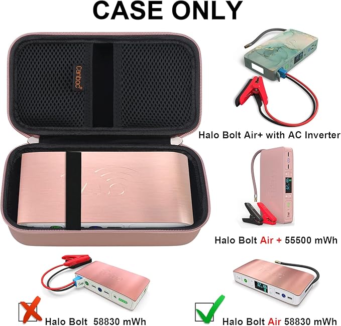 Canboc Hard Carrying Case for Halo Bolt Air 58830 mWh/Halo Bolt Air+ 55500/HALO Bolt Air+ 1750 Portable Car Battery Jump Starter, Mesh Bag fit Jump Cables, AC Outlet, Charger, Rose Gold