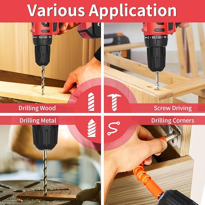 PULITUO 20V Cordless Drill/Driver, 2 Batteries Electric Screwdriver, 30Nm Power Drill Driver, 21+1 Torque, 2 Speed, 3/8"Keyless Chuck, power Drill with LED Light, Drill Driver Kit for Home (Red)