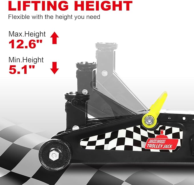 Jack Boss Floor Jack 1.5 Ton (3,000 LBs) Hydraulic Car Jack, Lifting Range from 5.1 Inch to 12.6 Inch, Fits Sedans Automotive Black
