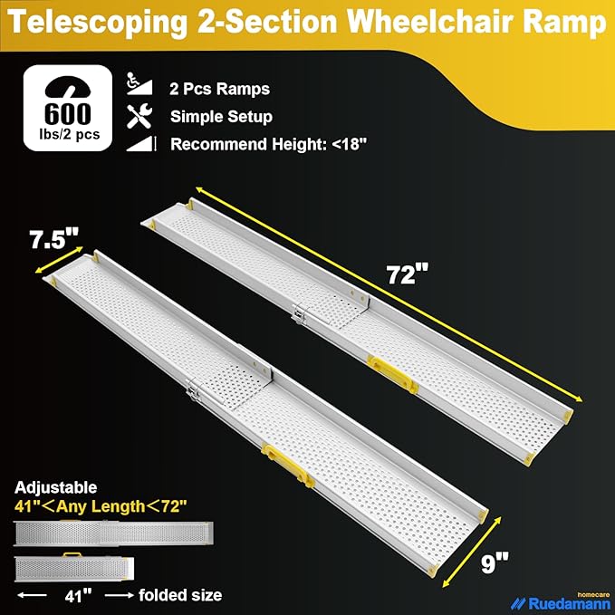 Ruedamann Wider Light Ramp for Wheelchair, 6 Foot Telescopic Portable Wheelchair Ramp, Heavy Duty Capacity Suitable for Scooters, Lighteweight Yest Strong Ramp for Wheelchair for Home, Doorways