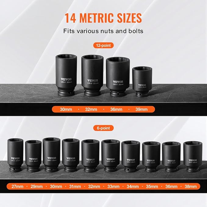 VEVOR Axle Nut Impact Socket Set - 1/2" Drive Deep 6+12-Point 14-Piece Metric Spindle Nut Socket CR-V Heat Treated Large Socket Set with Storage Case for Auto Repair, Removing or Installing Axle Nuts