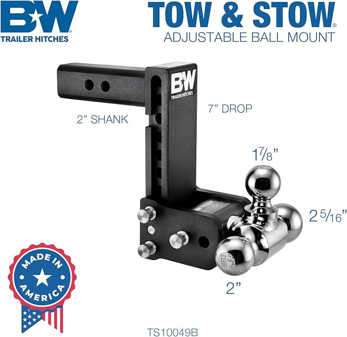 B&W Trailer Hitches Tow & Stow Adjustable Trailer Hitch Ball Mount - Fits 2" Receiver, Tri-Ball (1-7/8" x 2" x 2-5/16"), 7" Drop, 10,000 GTW - TS10049B