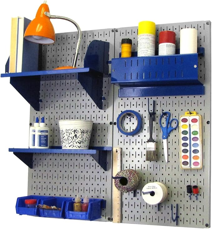 Wall Control Craft & Hobby Pegboard Organizer Storage Kit with Gray Pegboard and Blue Accessories