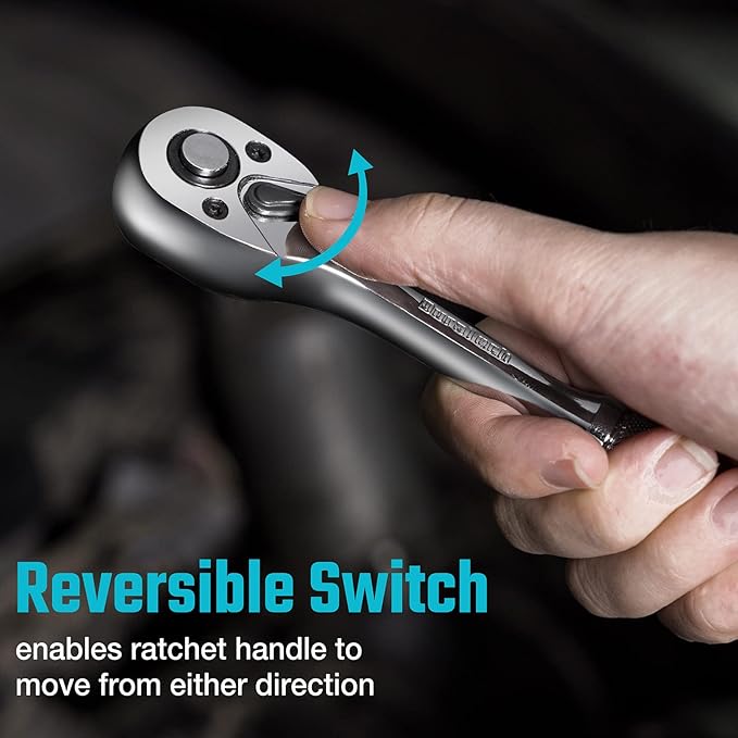 DURATECH 3/8-Inch Drive Ratchet, Quick-Release Ratchet Wrench, 72-Tooth, Reversible Switch, Full-Polished Chrome Plating, Alloy Steel