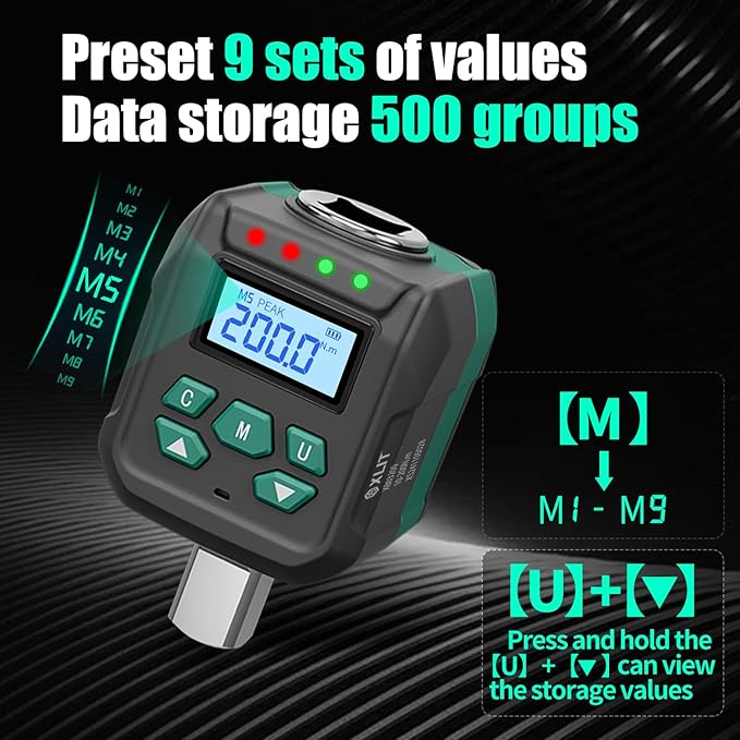 1/2" Digital Torque Adapter Set with Socket Adapters (1/4", 3/8") - 2% Accuracy, 7.4-147.5 ft-lb, Buzzer & LED Alerts, Working with Ratchet Wrench, Breaker Bar - for Automotive, Motorcycle & Car