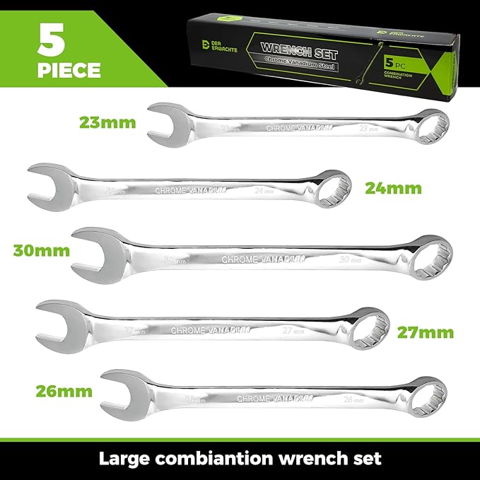 Large Wrench Set with Rolling Pouch, Metric, 5-Piece, 23mm, 24mm, 26mm, 27mm, 30mm, 12 Point, Chrome Vanadium Steel