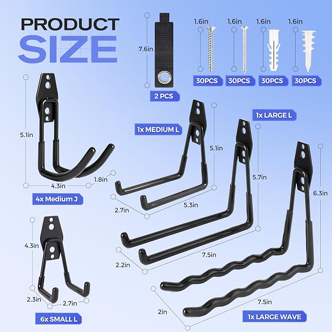15 Packs Garage Hooks Heavy Duty, Garage Storage Hooks with Nylon Straps, Garage Organization Wall Hooks for Hanging Power and Garden Tools, Ladders, Hose, Ropes, Bulk Items,Bike Hooks for Garage