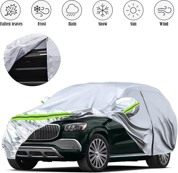 Waterproof Car Covers Replace for 2006-2025 Mercedes Benz GL/GLS Class 450, 450d, 6 Layers Silver All Weather Car Cover with Zipper Door & Windproof Bands for Snow Rain Dust Hail Protection