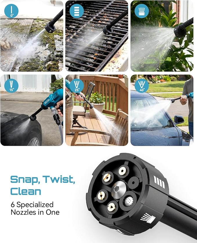 SEESII Cordless Pressure Washer Battery Powered, Dual 4000mAh Batteries Portable Power Washer with 6-in-1 Nozzle & Foam Cannon for Car, Home, Garden, Patio and Fence Cleaning