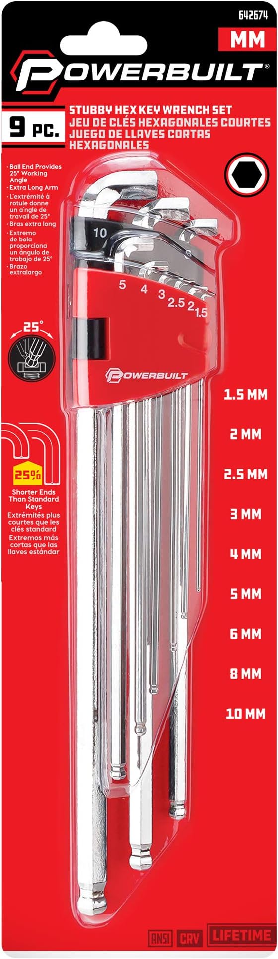 Powerbuilt 9 Piece Metric Stubby Long Arm Ball End Hex Key Wrench Set, Allen Hex Key Wrench, Extra Long Arm, Ball End, size 1.5 to 10mm - 240100