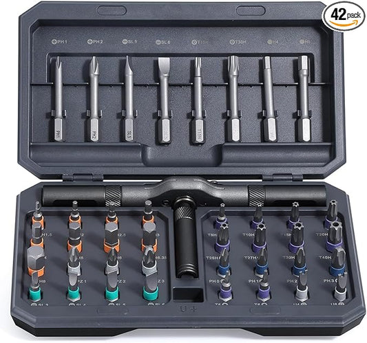 42 In 1 Magnetic Ratchet Screwdriver Set, T Handle Ratcheting Screwdriver Set with Storage Case, Multi Bits, Repair Kit for Computer, Eyeglass, Bicycles, Watch, Furniture, DIY (Grey)