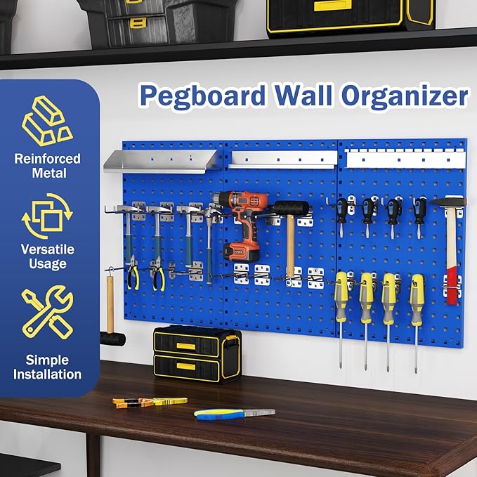 Goplus Garage Pegboard, Metal Pegboard Tool Organizer Kit with 3 Pegboards & 28 PCs Hanging Accessories, Heavy Duty Wall Organizer Peg Board for Workshop, Tool Storage