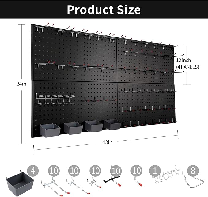 Peg Board for Wall 48x24 inch with 63 Pcs Hooks Accessories, Garage Storage Black Pegboard Wall Organizer, Metal Pegboard Panels with Hooks, Modular Mounted Control Peg Board Tool Organization