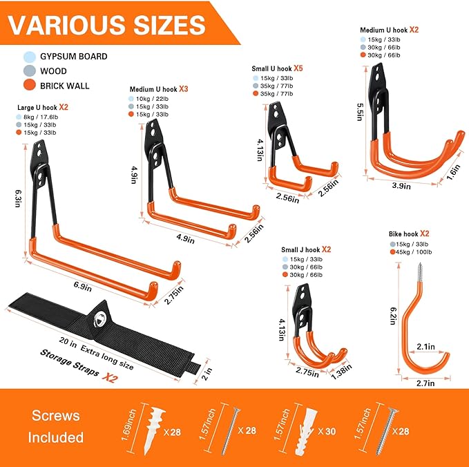 HUPBIPY 18 Pack Garage Hooks Heavy Duty Utility Steel with Anti-Slip Coating Wall Mount Storage Organizer for Hanging Power and Garden Tools, Ladders, Hose, Bikes, Ropes, Bulk Items, and More