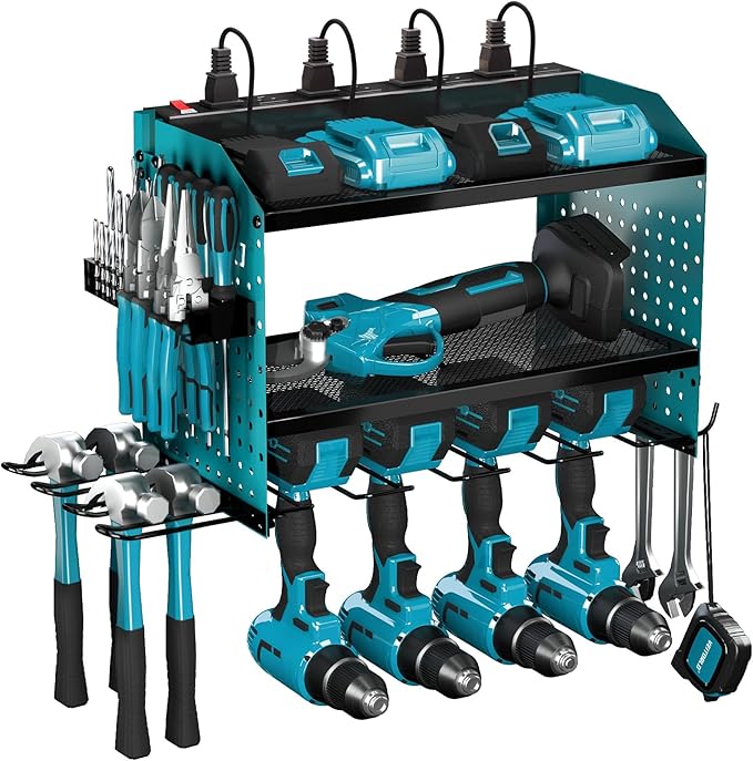 Veitorld Power Tool Organizer with Charging Station, Heavy Duty Modular Wall Mount Rack for Garage & Shed Organization, 4 Drill Holders, Anniversary Birthday Gifts for Him Men Dad Man