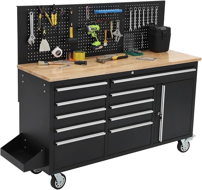 Rolling Tool Chest, 61 in Garage 10 Drawers Workbench Storage Tool Cabinet with Solid Rubber Wood Top, Power Strip, 1675 LBS Load Mobile Workstation, Heavy Duty Rolling Cabinet, Black