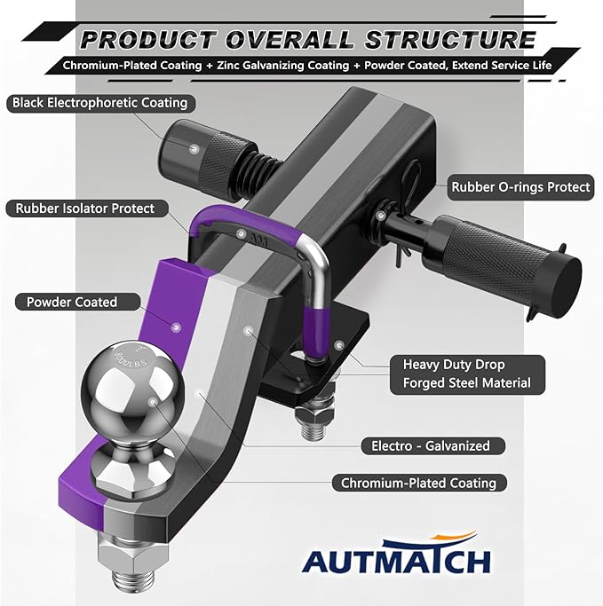 AUTMATCH Trailer Hitch Ball Mount with 2 Inch Hitch Ball - Fits 2" Receiver with Hitch Tightener, 8000Lbs Capacity Ball Hitch, 2-Inch Drop with 5/8" Hitch Lock Pin, Purple & Black