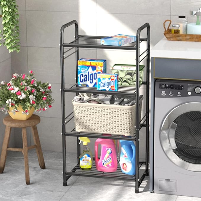 4 Tier Metal Pantry Shelves for Storage, 38” Tall Laundry Room Shelf, Multipurpose Shelf for Plant, Bedroom, Kitchen, Bathroom, Black