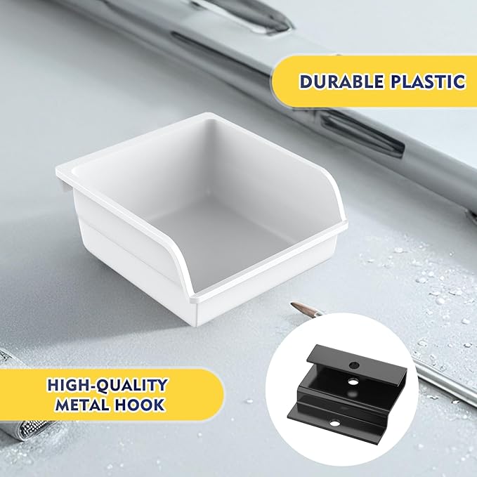 Slatwall Bins with Hooks Plastic Slatwall Organizer Slatwall Containers Workbench Bins for Slat Wall Organizing Hardware, Garage, Craft Room, Tool Shed, Hobby Supplies (6, White)