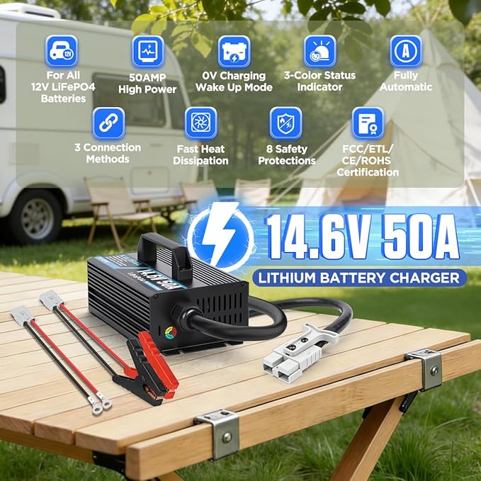 12V 50A Lithium Battery Charger 14.6V 50A Fast LiFePO4 Charger 0V Wake Up 12 Volt Lithium Charger with 8 Protection & 3 Connectors for 12.8V LiFePO4 Battery of RV, Marine, Boat, Solar, Trolling Motor