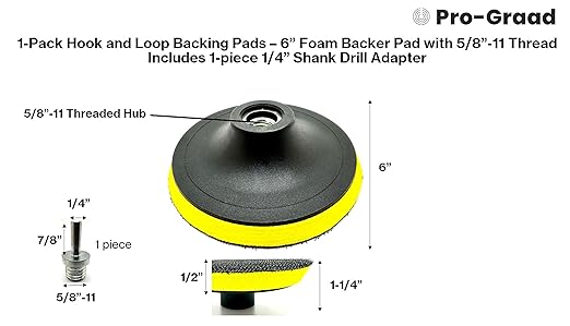 6" Hook and Loop Backing Plate for Soft Wool Polishing Buffering Pads, Backer Pad with 5/8”-11 (5/8 inch TPI), 6 inch Backup Pads for use with Angle Grinder or Drill – with Drill Adapter