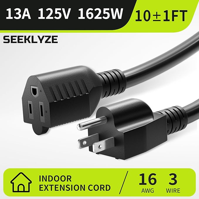 10 FT (2Pack) 13A 1625W 16/3 Black Extension Cord, Indoor Extension Cord for Laptops, Coffee Makers, Office Home Appliances, 3 Prong Resistant Cable Flexible, 125V ETL Listed