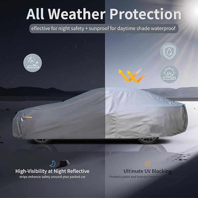 Car Cover Waterproof All-Weather,Heavy-Duty Outdoor Full Exterior Automobiles Snow Cover for Sedan up to 165 inch,with Sun Visor,Anti-Scratch Cotton Lining & Zippered,Towel&Storage Bag