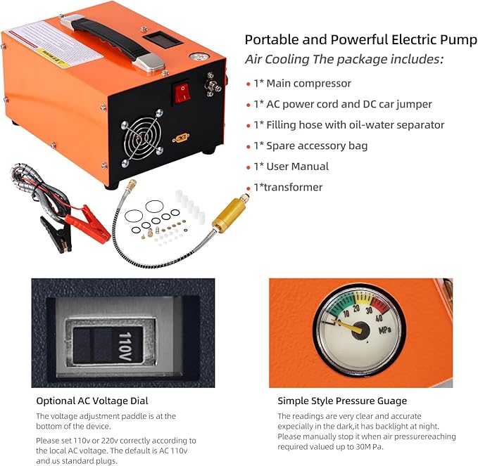 PCP air compressor, 4500 Psi / 30 Mpa, powered by 110V AC / 12V DC, manual stop, oil-free/water-free, built-in cooling fan, suitable for paintball shooting and PCP air guns