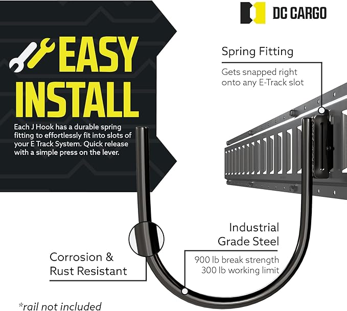 DC Cargo - E Track J Hooks (7" - 10 Pack) - Large Heavy Duty Accessories - Hanging Hooks for Your ETrack Rail System - Use in Enclosed Trailers, Box Trucks, Vans, Garage, Workshop & Warehouse