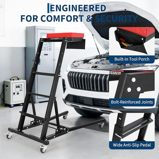 Professional Topside Automotive Engine Creeper, Heavy Duty 400LB Capacity Top Automotive Creeper with Adjustable Heights 45-65 Inch, 4 Locking Swivel Casters, Padded Deck & Tool Pouch for Garage