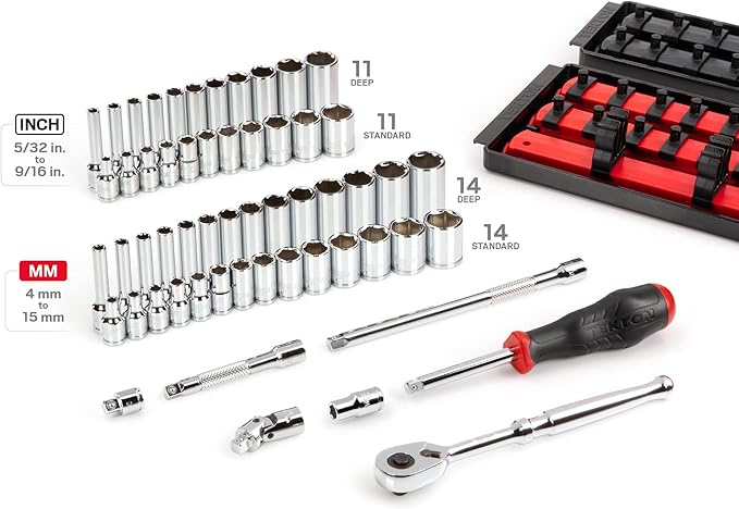 TEKTON 1/4 Inch Drive 6-Point Socket and Ratchet Set with Rails and Trays, 57-Piece (5/32-9/16 in., 4-15 mm) | SKT03301