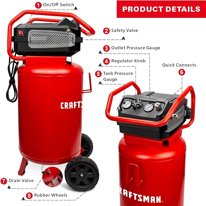 CRAFTSMAN Air Compressor, 20 Gallon, 1.8 HP, Oil-Free Air Tools, Max 175 PSI Pressure, 2 Quick Coupler, Long Lifecycle Low Noise, Model: CMXECXA0232043, Red & 18-pc. Air Accessory Kit (CMXZTSG1004NB)
