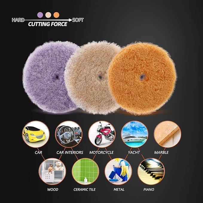 SPTA Wool Buffing Polishing Pads, 3Pcs 6" (150mm) Coarse Medium Cutting Car Wool Pads, with Hook and Loop for Car Polisher Car Polishing and Buffing -WPMIXS6
