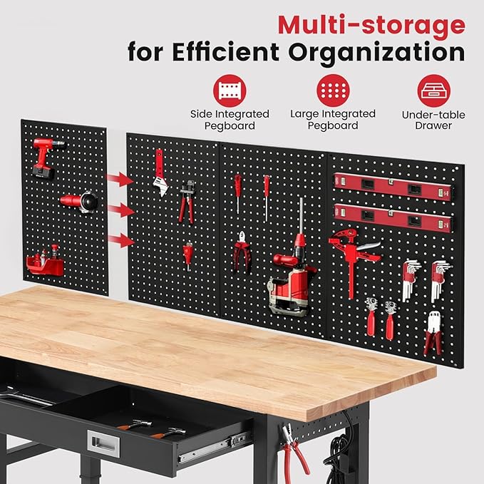 ENJOYWOOD 60" x 22" Garage Workbench Adjustable Height Work Table with Drawers, Pegboard & Power Outlets Heavy Duty Rubberwood Top Work Bench for Workshop & Home