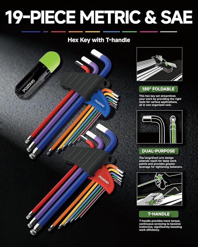19-Piece Metric(1.5-10mm) & SAE(1/16"-3/8") Allen Wrench Set, Color-Coded Ball End Hex Key Set with Bonus Torque Handle, Extra-Long, Anti-Rust for Motorcycle, Car Repair & DIY, PTM01019B