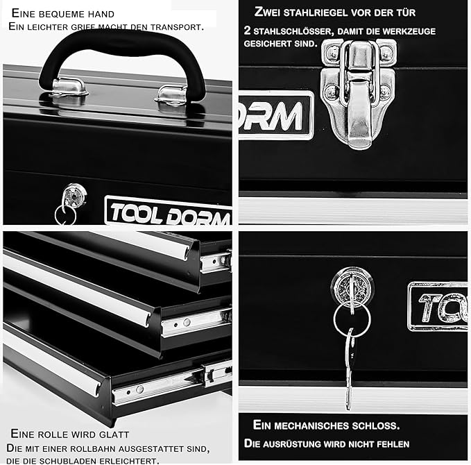 20.3“ Metal Tool Box with Drawers Portable Steel Tool Box with Protective Liner and Latch Closure and Lock for Garage, Home and Warehouse (Black-3 Drawers)
