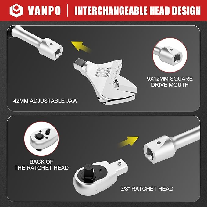VANPO Adjustable Digital Torque Wrench, 2.2-44.3 Ft.lb/3-60Nm, ±2% Accuracy, HVAC Torque Wrench with Interchangeable 42mm Jaw & 3/8" Ratchet Head, Buzzer, Vibration and LED Alert for Split AC, Moto