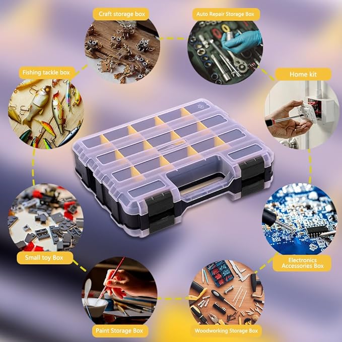 Tool Box Storage Organizer, TONGQI 34-Compartment Double Side Small Parts Box with Removable Plastic Dividers for Hardware, Screws, Bolts, Nails, Jewelry and Fishing Accessories, 1 Pack