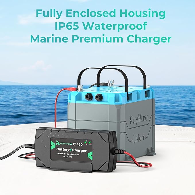 12V 20A Lithium Battery Charger, RoyPow 12V LiFePO4 Battery Charger 14.4V Smart Lithium Battery Chargers with M8 Ring Terminal, 12V battery Maintainer for Deep Cycle Rechargeable Battery of Boats, RVs