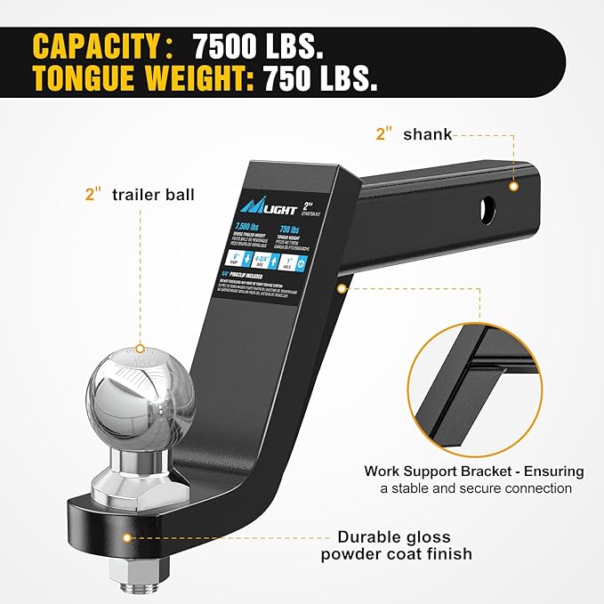 Nilight Trailer Hitch Ball Mount with 2 Inch Trailer Ball & 5/8" Hitch Pin Clip Fits 2 Inch Receiver Square 7500 lbs 6" Drop, 4-3/4” Rise, 1” Hole, Gloss Black Powder Coat