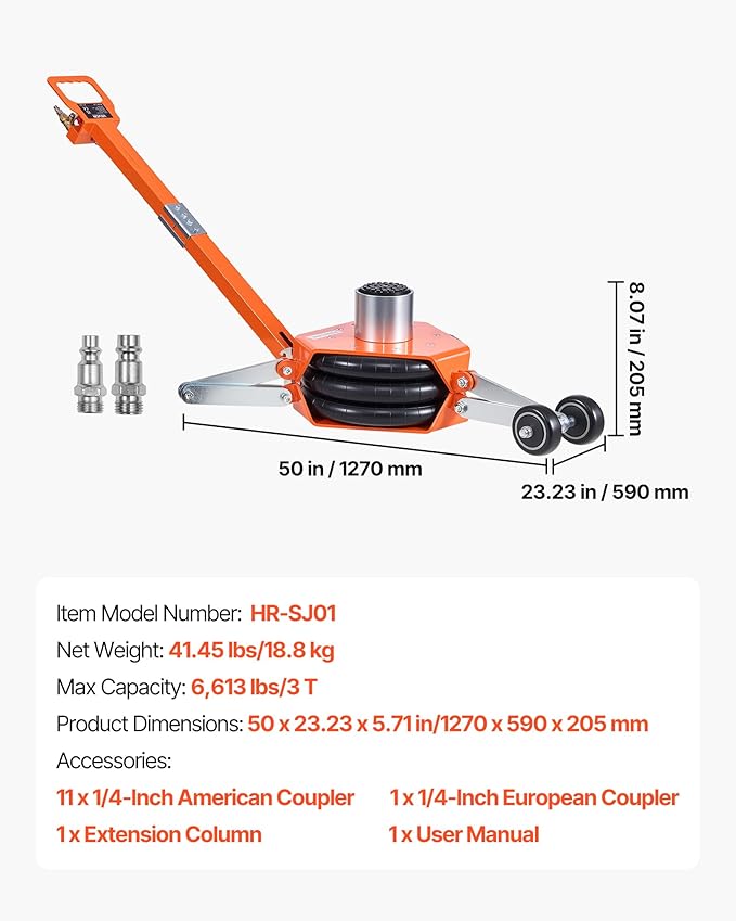 VEVOR Air Jack with Support Rod, 3 Ton/6613 lbs Triple Bag Air Jack, Lift Up to 18.5 inch with Heightened Column & Adjustable Handle, 1-6 s Fast Lifting Pneumatic for Car, SUV, Pickup Truck