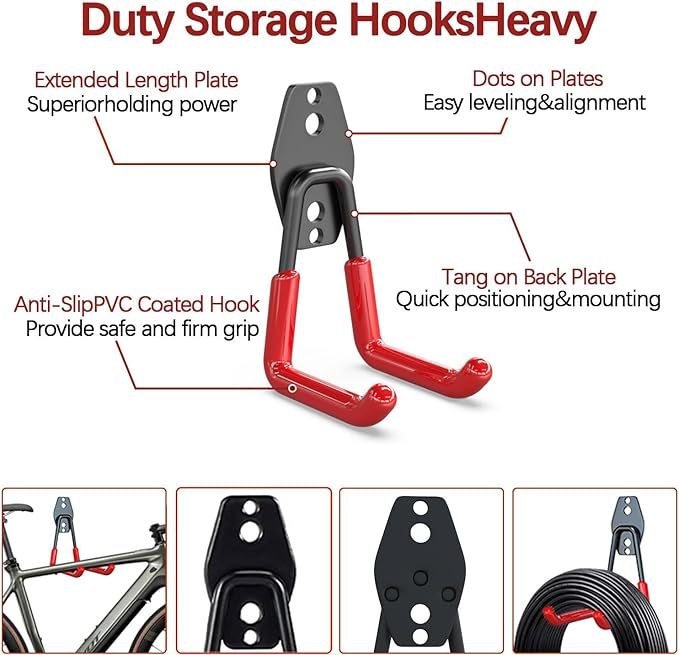 3-H Garage Wall Hooks Heavy Duty 8 Pack, Anti-Slip Steel Wall Mount Storage Hooks for Hanging Ladder Garden Yard Tools, Utility Organizer for Garage Lawn Shed(Red)