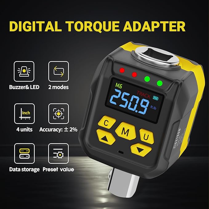 Digital Torque Adapter Set, 1/2" Electronic Torque Wrench Adapter, 12-250 ft-lb (17-340 Nm), Buzzer & LED Alert, for Ratchet & Breaker Bar, Includes 1/4" & 3/8" Adapters