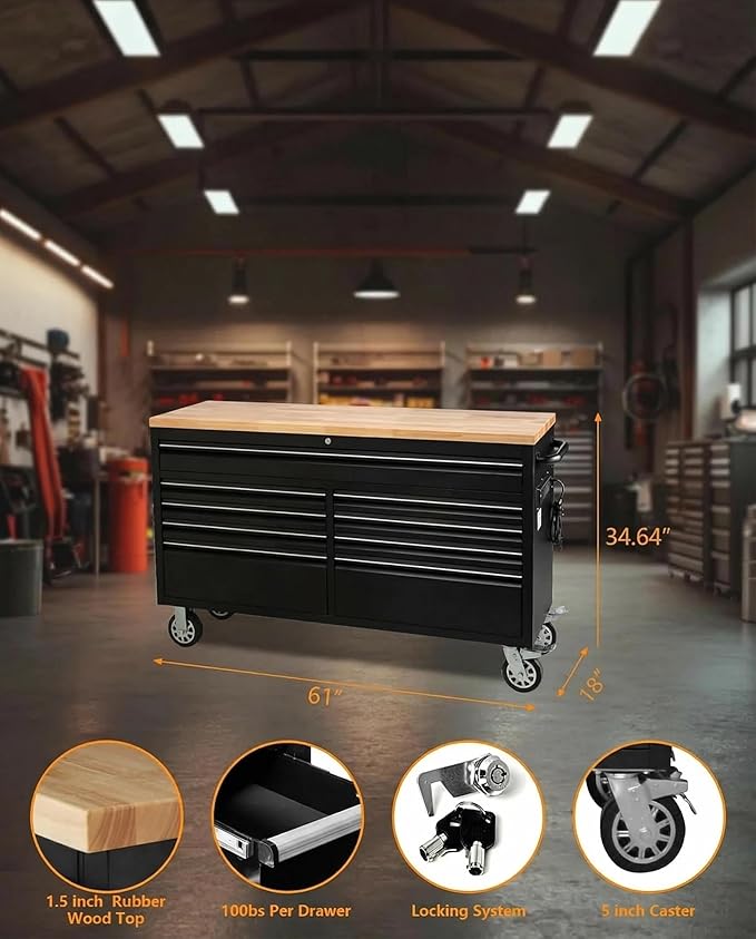 61-Inch Heavy-Duty Rolling Tool Chest & Mobile Workbench with 9 Drawers, Steel Storage Cabinet with Rubber Wood Top, Key Lock, Drawer Liners and Wheels for Garage, Workshop, Black