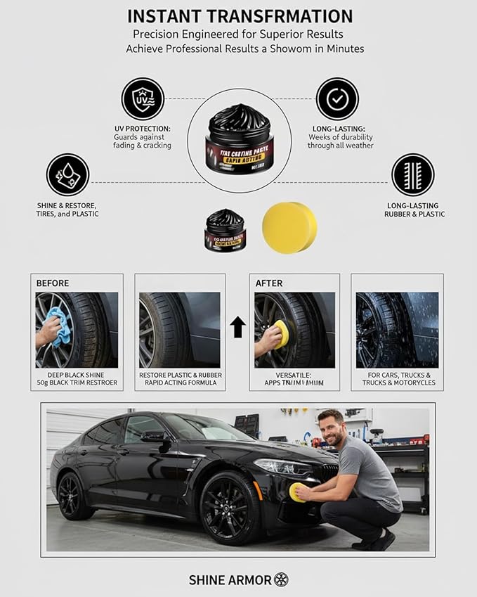Premium Tire Coating Trim Restorer Bring Back Original Deep Black Shine Rubber Plastic Car Polishing Balm Cream Wax Wheel Sponge Nourish Renewal Restores Care Gloss Interior Auto Cleaning(4pcs)